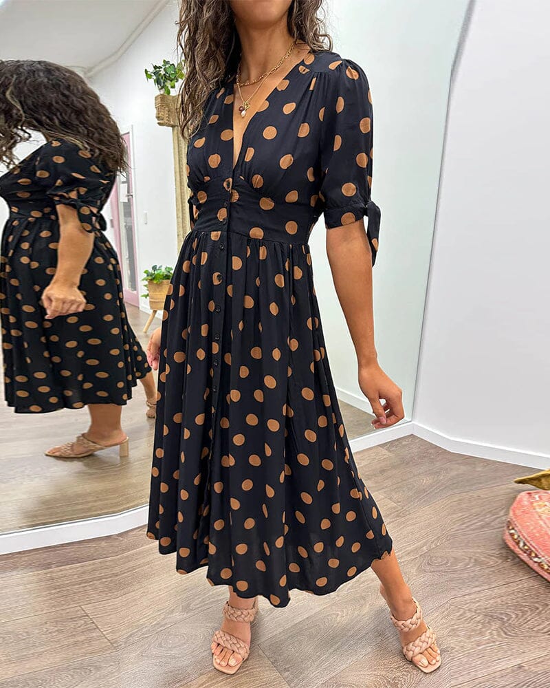 Mina™ - Dotted Dress with Deep Pointed Neckline