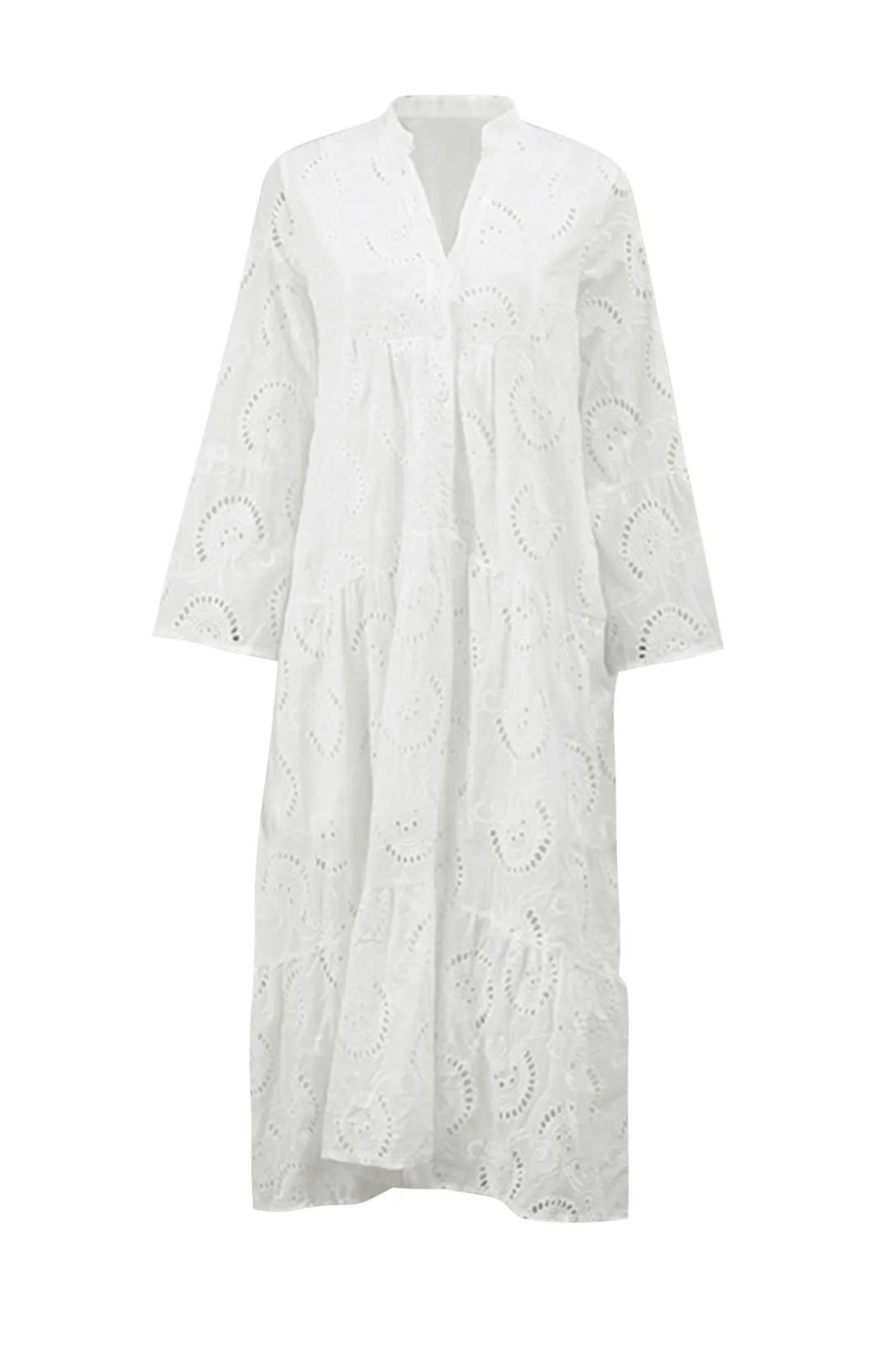 Noa - Cotton Dress with Embroidered Sleeves and V-Neckline