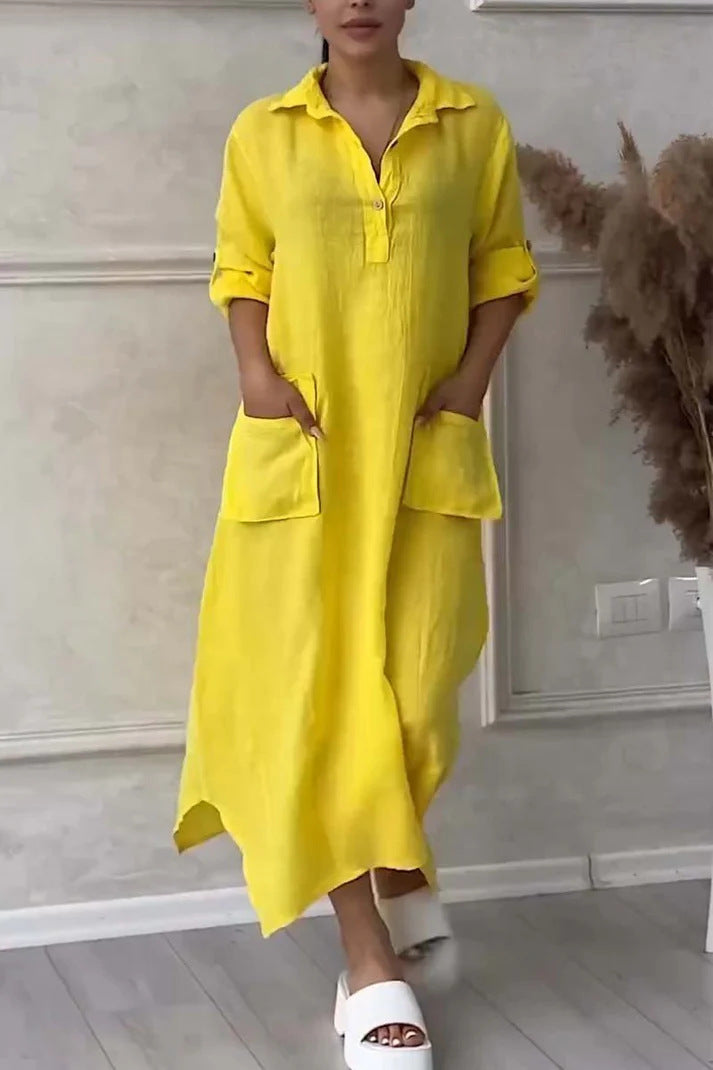 Leontine - Women's linen and cotton maxi dress with lapels