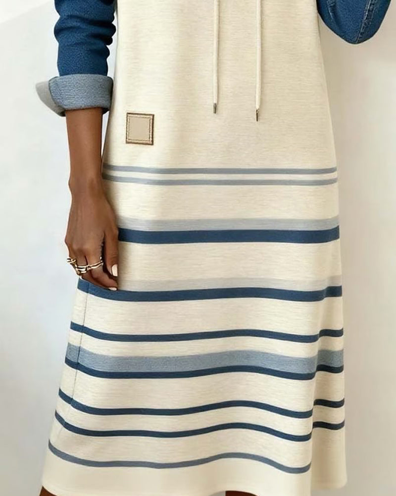 Ceralyn - Casual Hoodie Dress with Patchwork Stripes