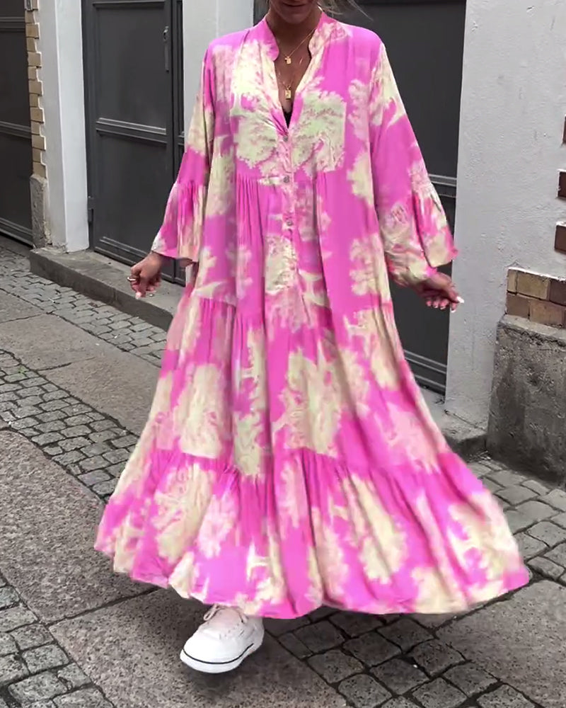 Greta - Ample Patchwork Dress with V-Neck and Printed Bell Sleeves