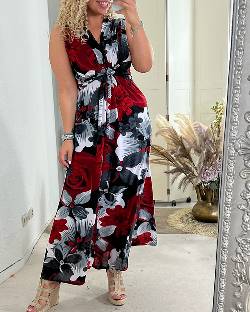 Sacha - Elegant sleeveless pleated floral print dress