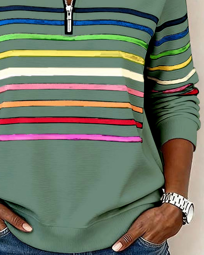 Isavelline - Casual Zip-Up Sweatshirt with Colourful Stripes