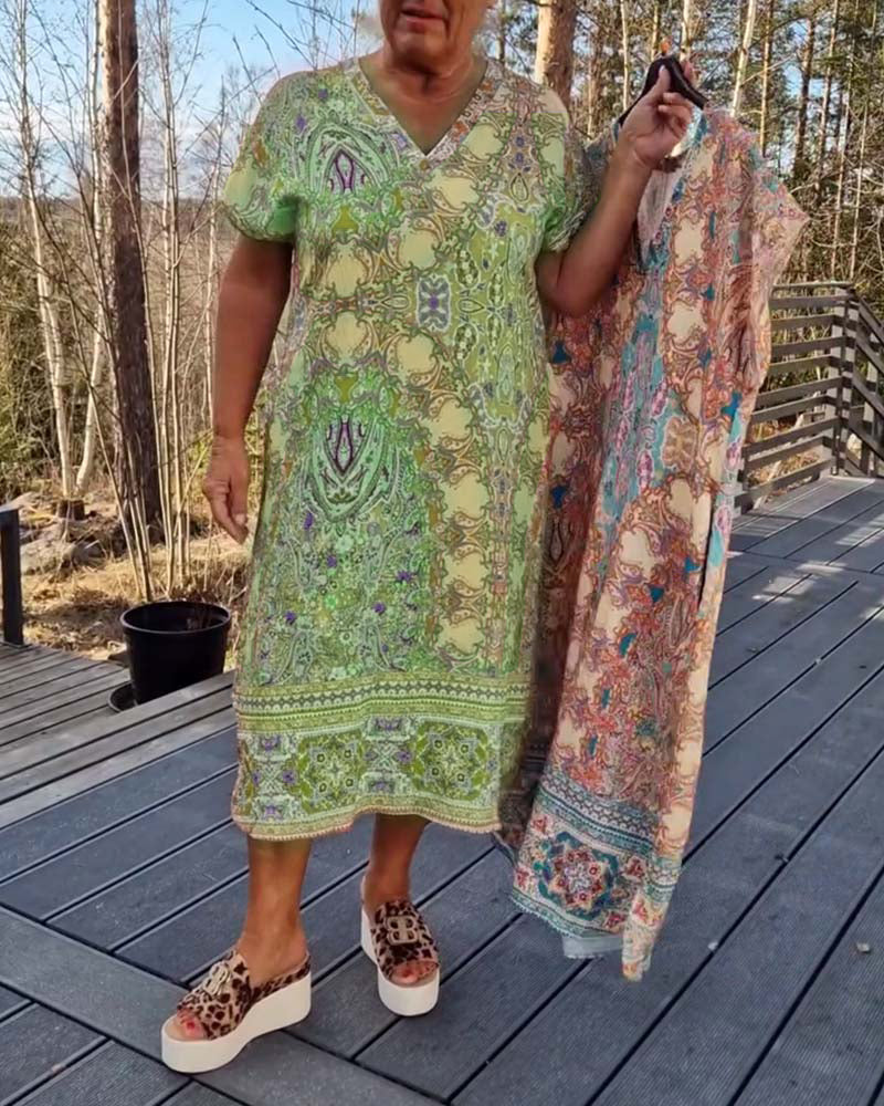 Ailina™ - Printed V-Neck Short Sleeve Straight Dress
