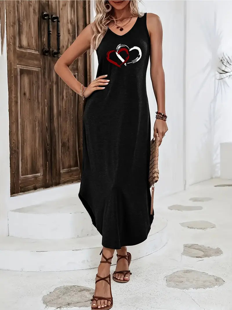 Dionara - Casual sleeveless summer dress with V-neck and heart pattern