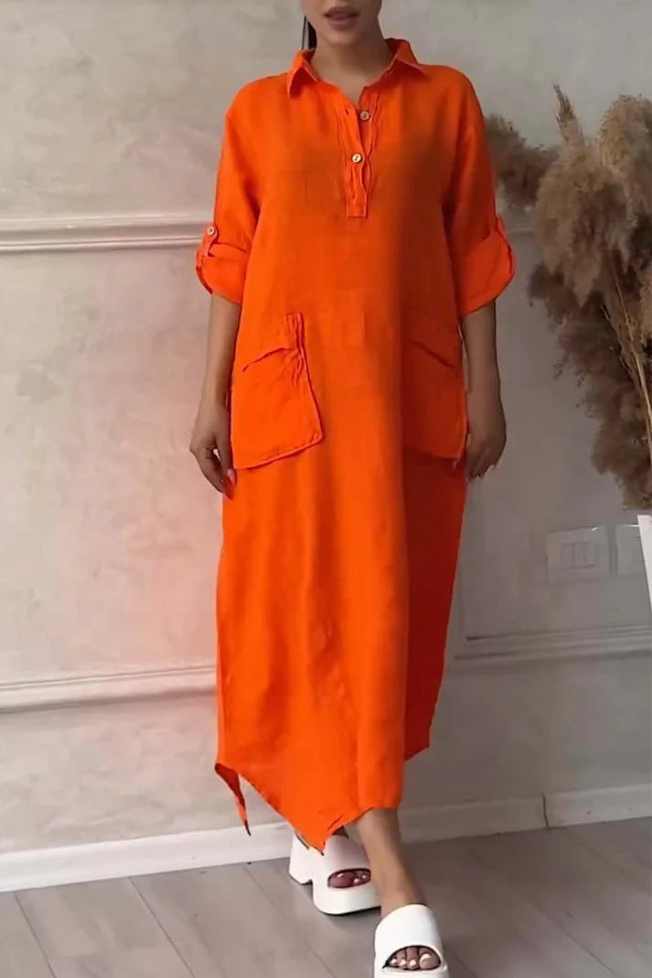 Leontine - Women's linen and cotton maxi dress with lapels