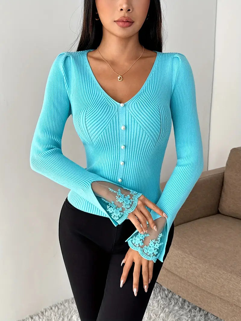 Noralissa - Elegant Lace-Trimmed Sweater with V-Neck