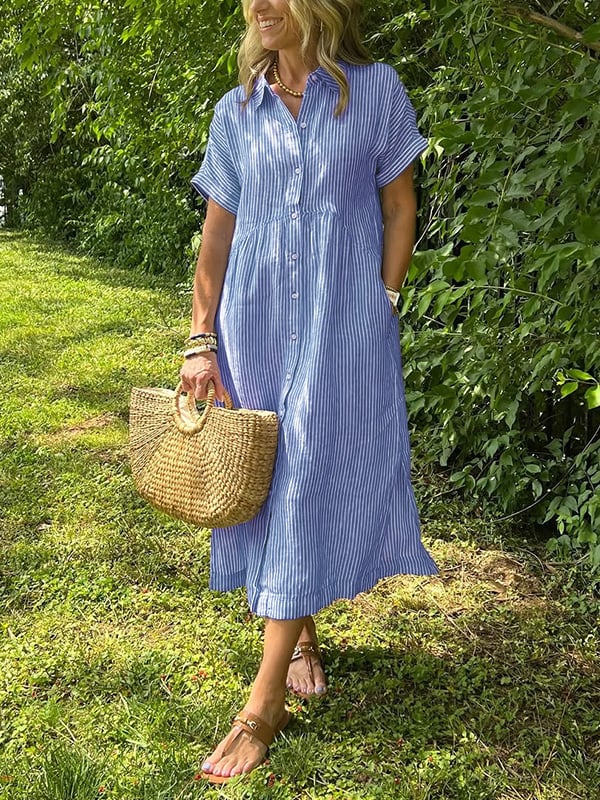 Melania™ - Striped shirt dress with lapels and buttons | With functional pockets