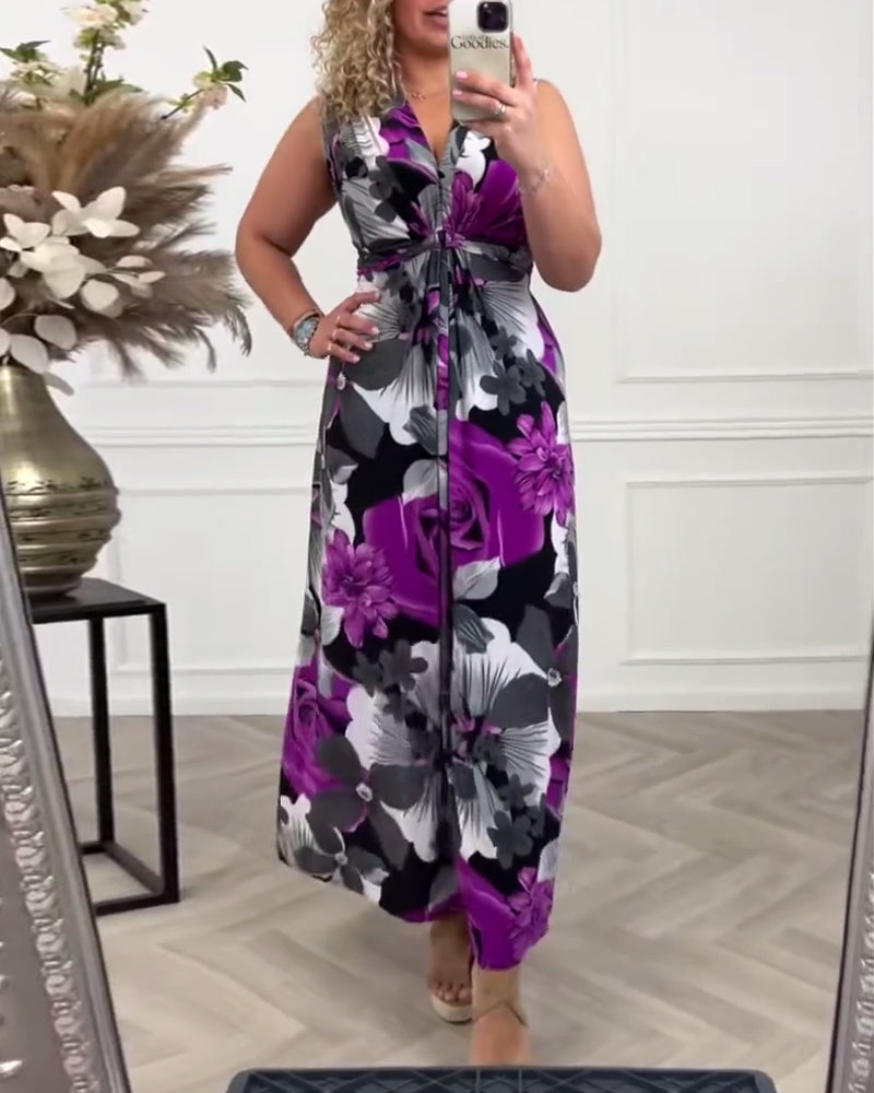 Sacha - Elegant sleeveless pleated floral print dress