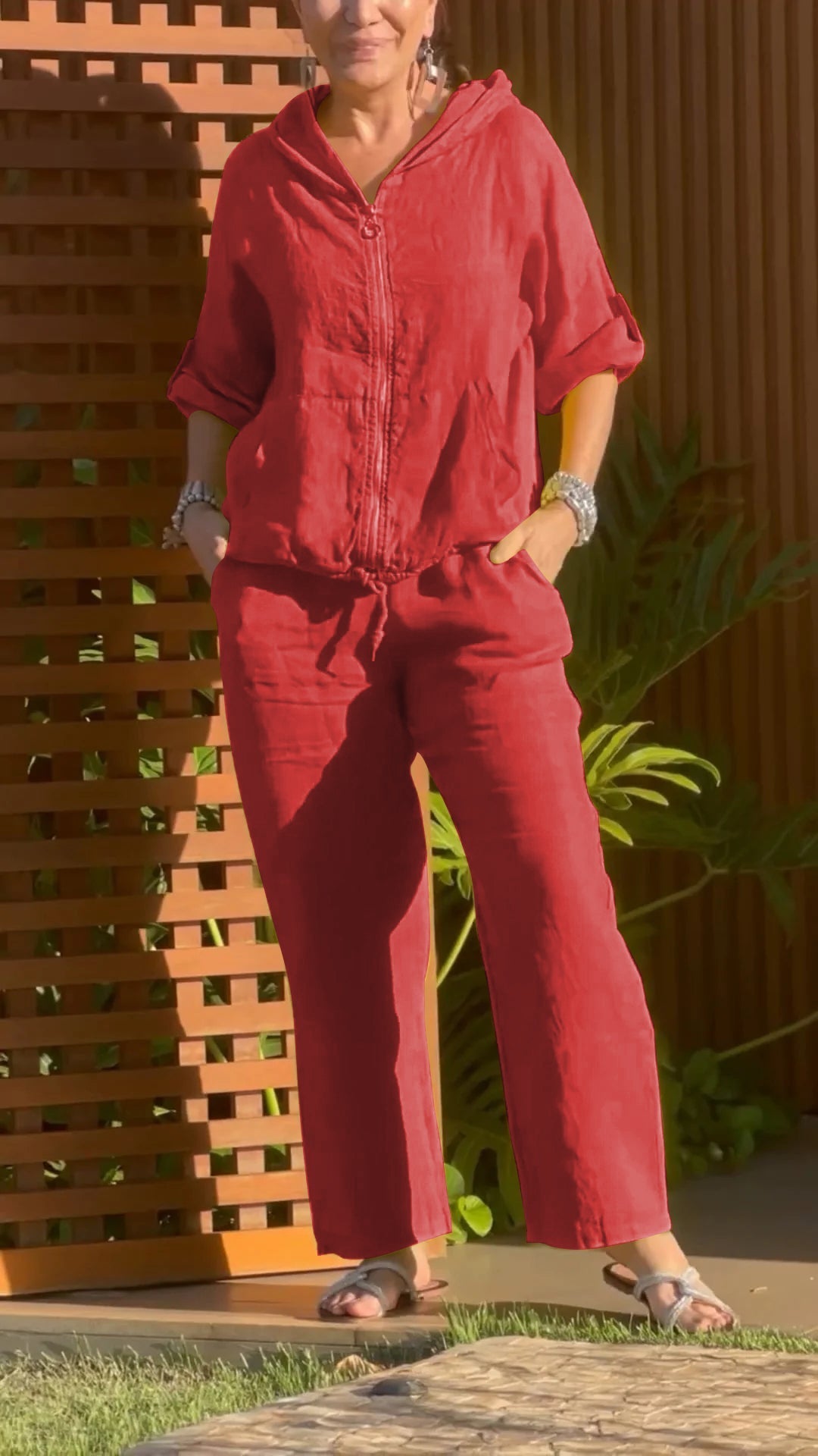 Kassira - Two-piece hooded zip-up set in cotton and linen