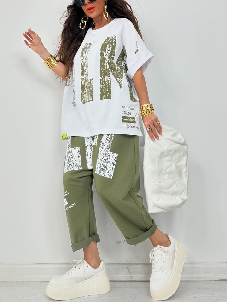 Kirelle - Women's casual outfit with printed round-neck top and trousers