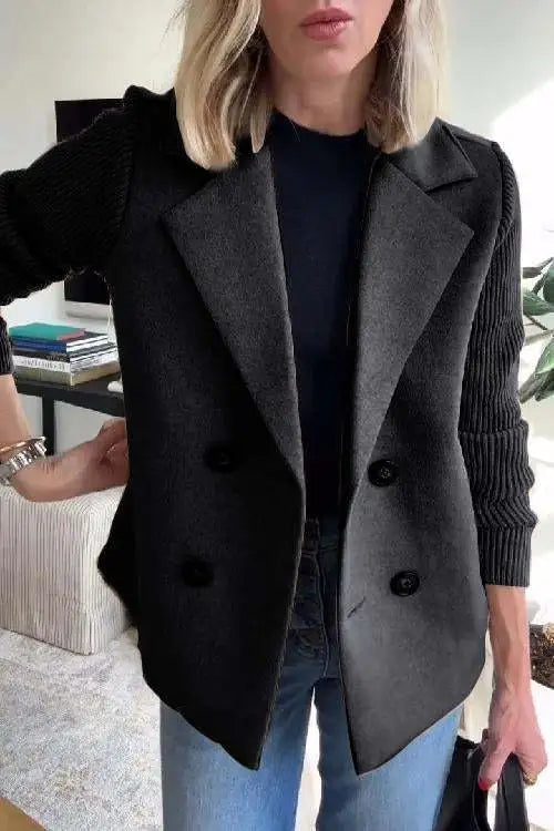 Augustine - Casual Coat with Collar and Patchwork Sleeves