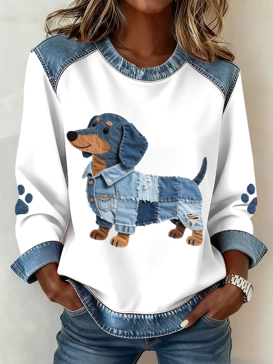 Karianesse - Sweat Patchwork in Denim with Dachshund Print