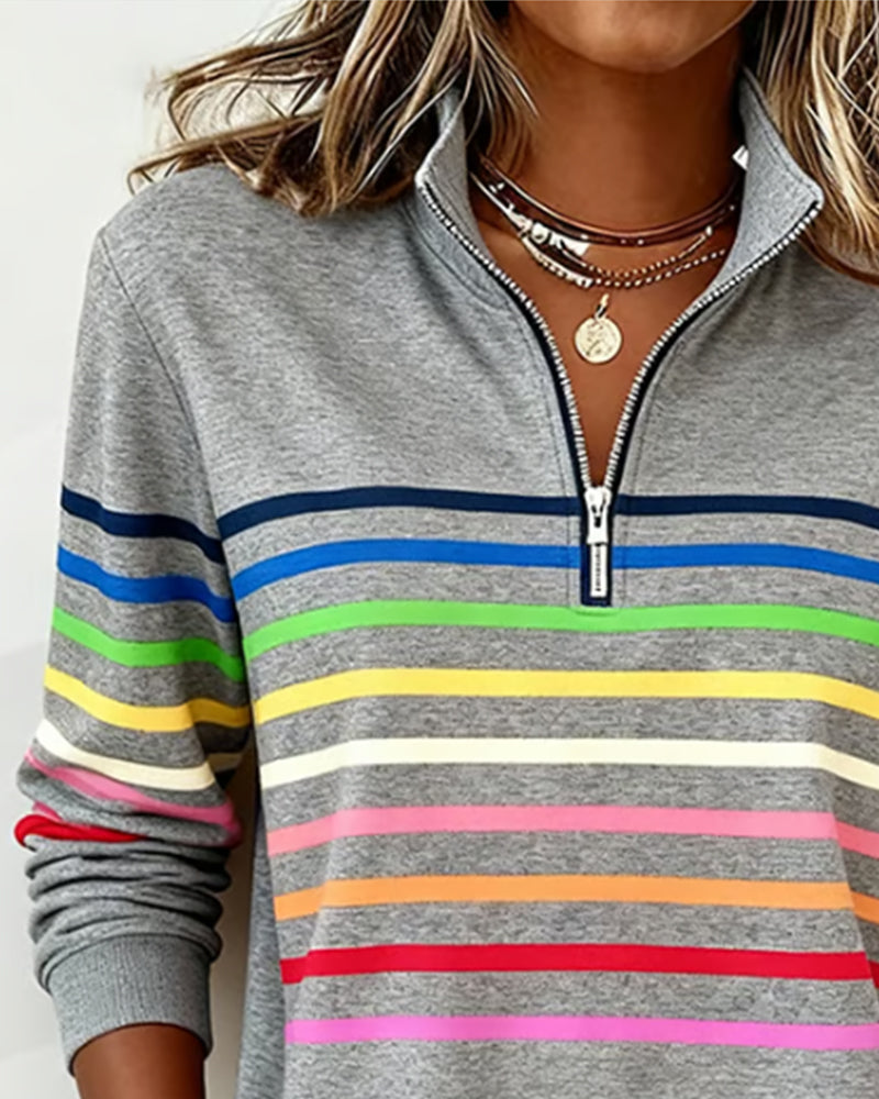 Isavelline - Casual Zip-Up Sweatshirt with Colourful Stripes