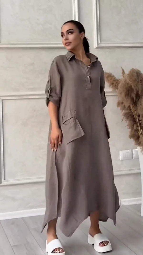 Leontine - Women's linen and cotton maxi dress with lapels