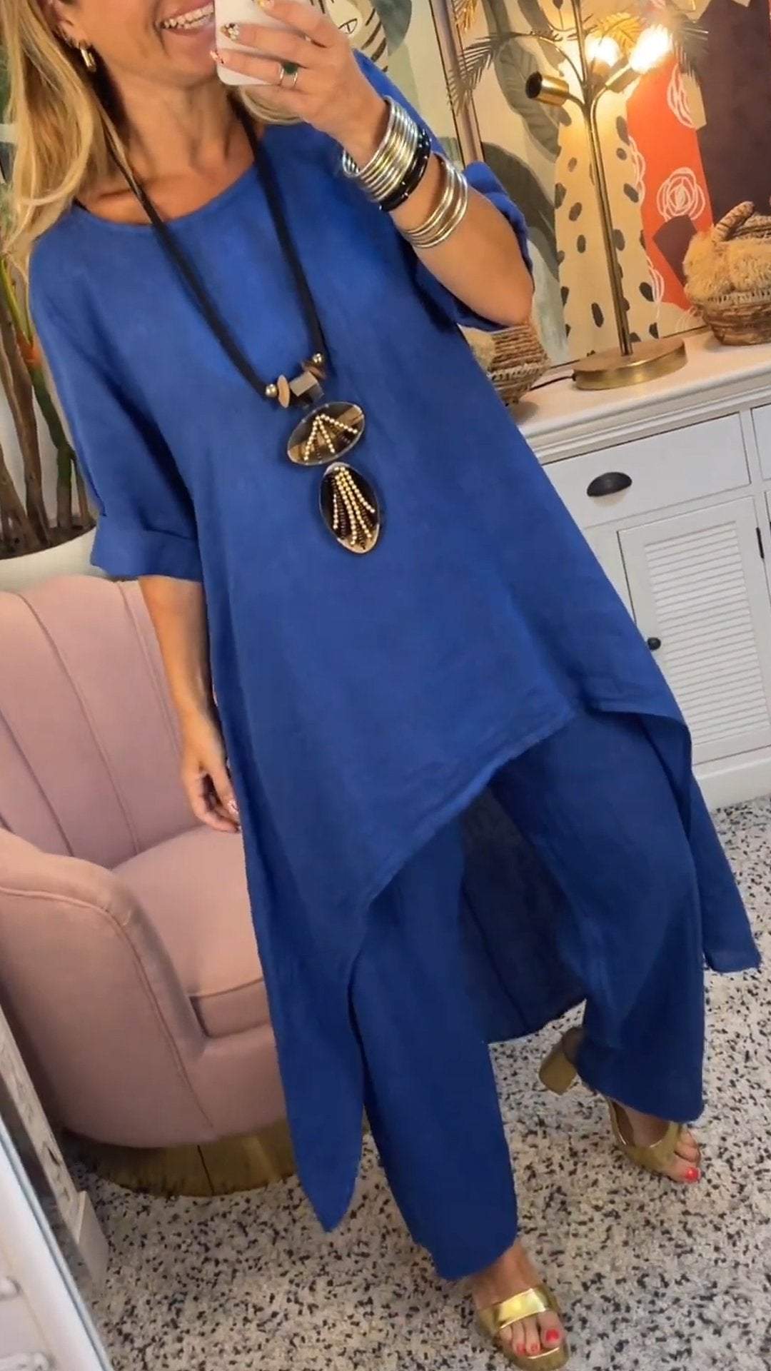 Melantha™ - Two Piece Cotton and Linen Round Neck Long Sleeve Set