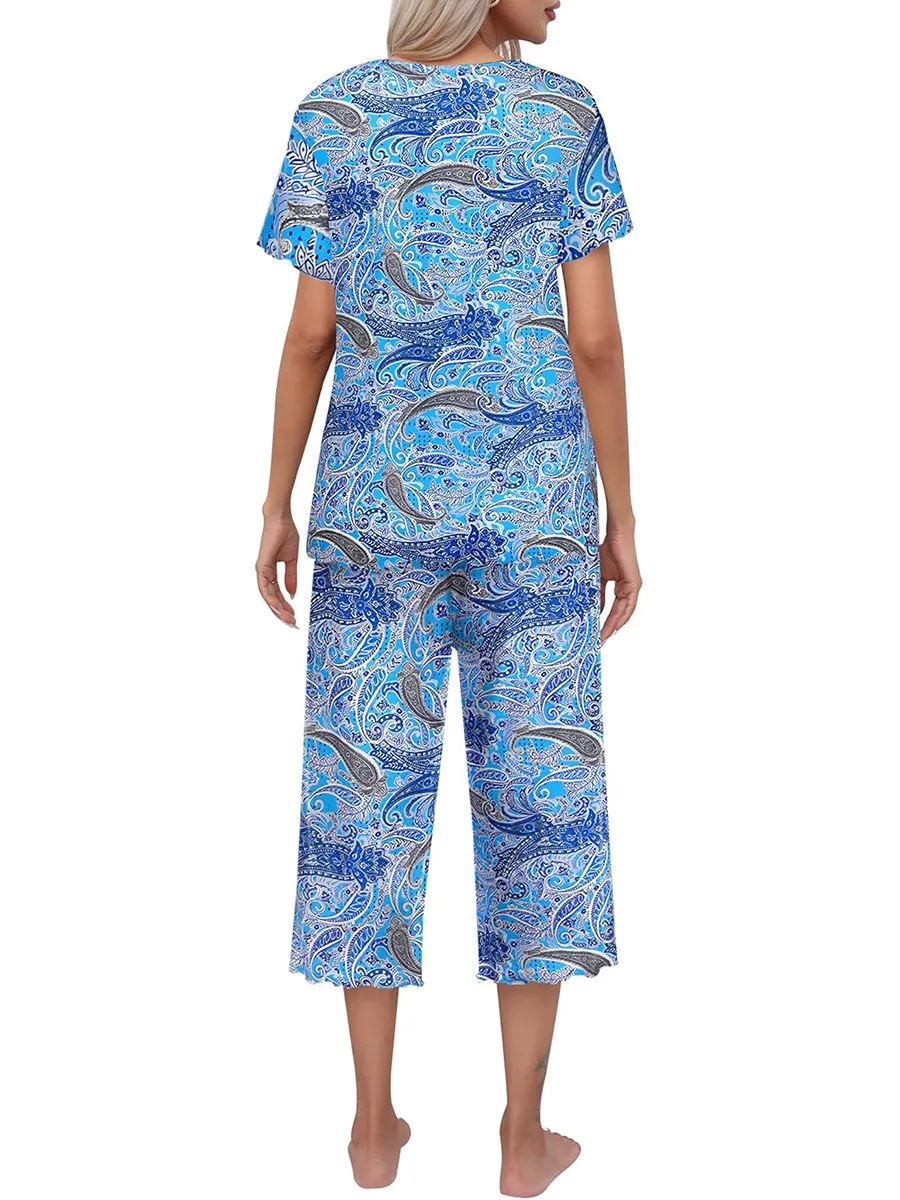 Olivine - Women's Short Sleeve Pyjama Set with Capri Pants