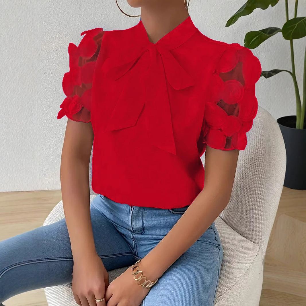 Cirelle™ - Effen kanten zomerblouse met strik en korte mouwen