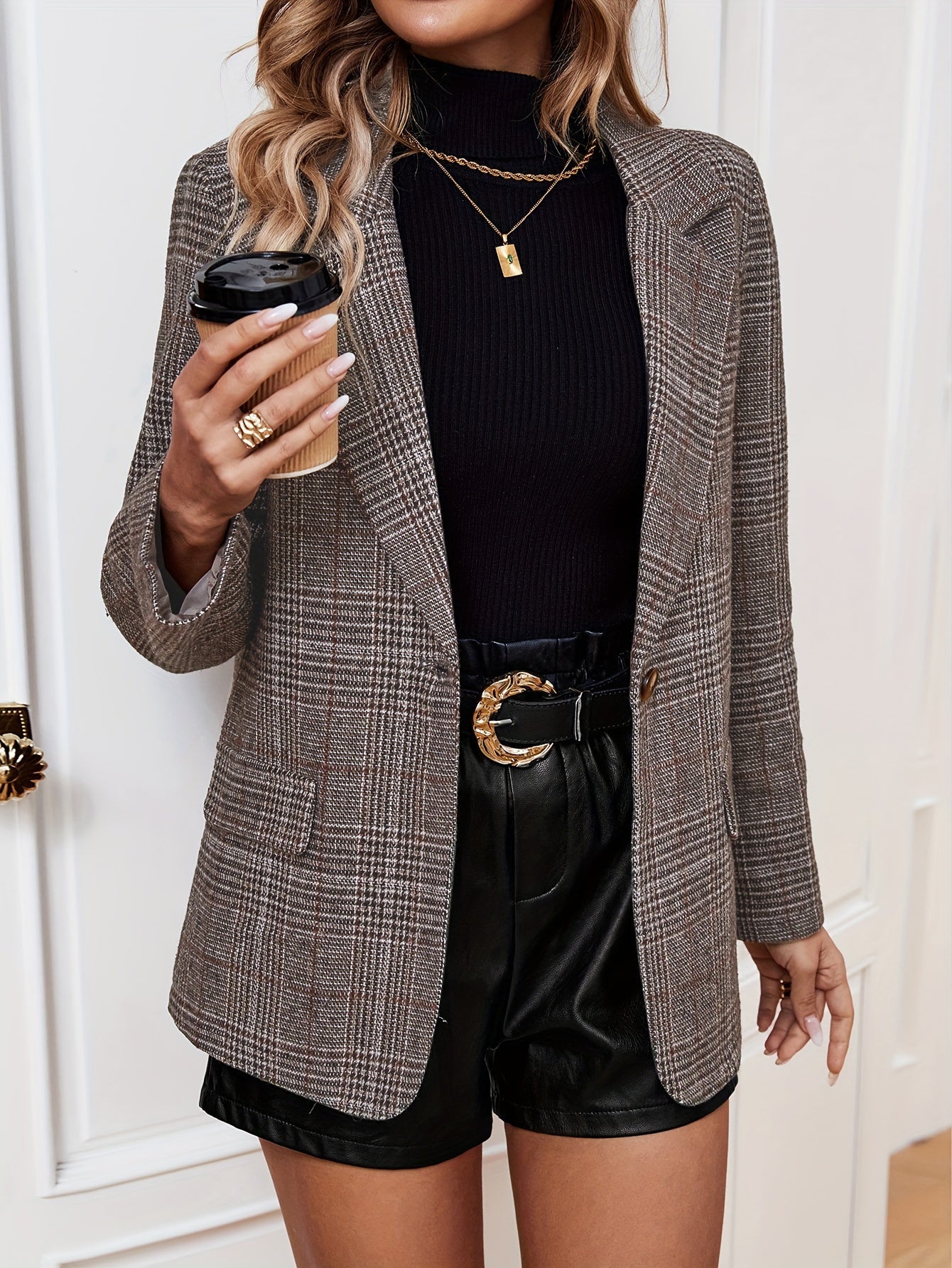 Thomasina - Women's Elegant Long Business Blazer with Grid Pattern and Notched Lapel | Ideal for All Seasons