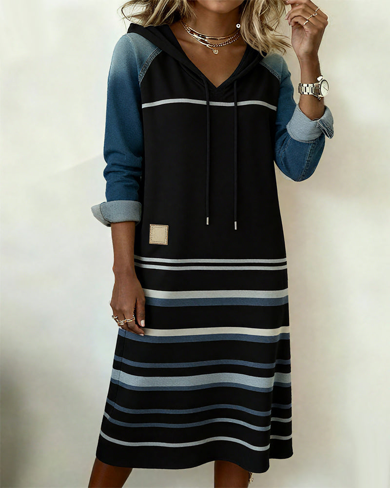 Ceralyn - Casual Hoodie Dress with Patchwork Stripes