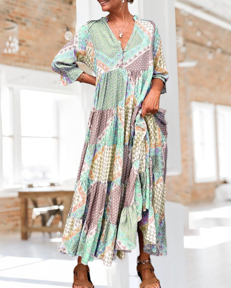 Quinna - Colorful Maxi Dress with Color Block Print and 3/4 Sleeves