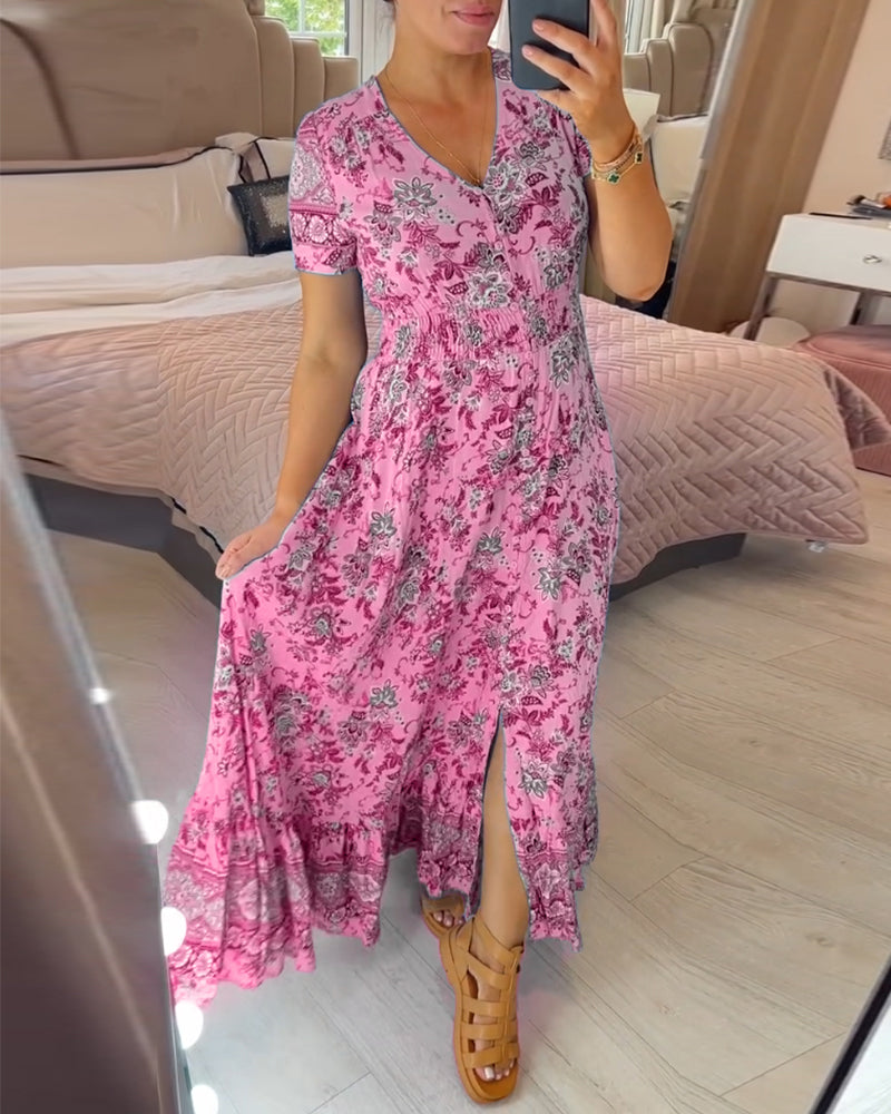 Denise - V-neck Floral Print Maxi Dress