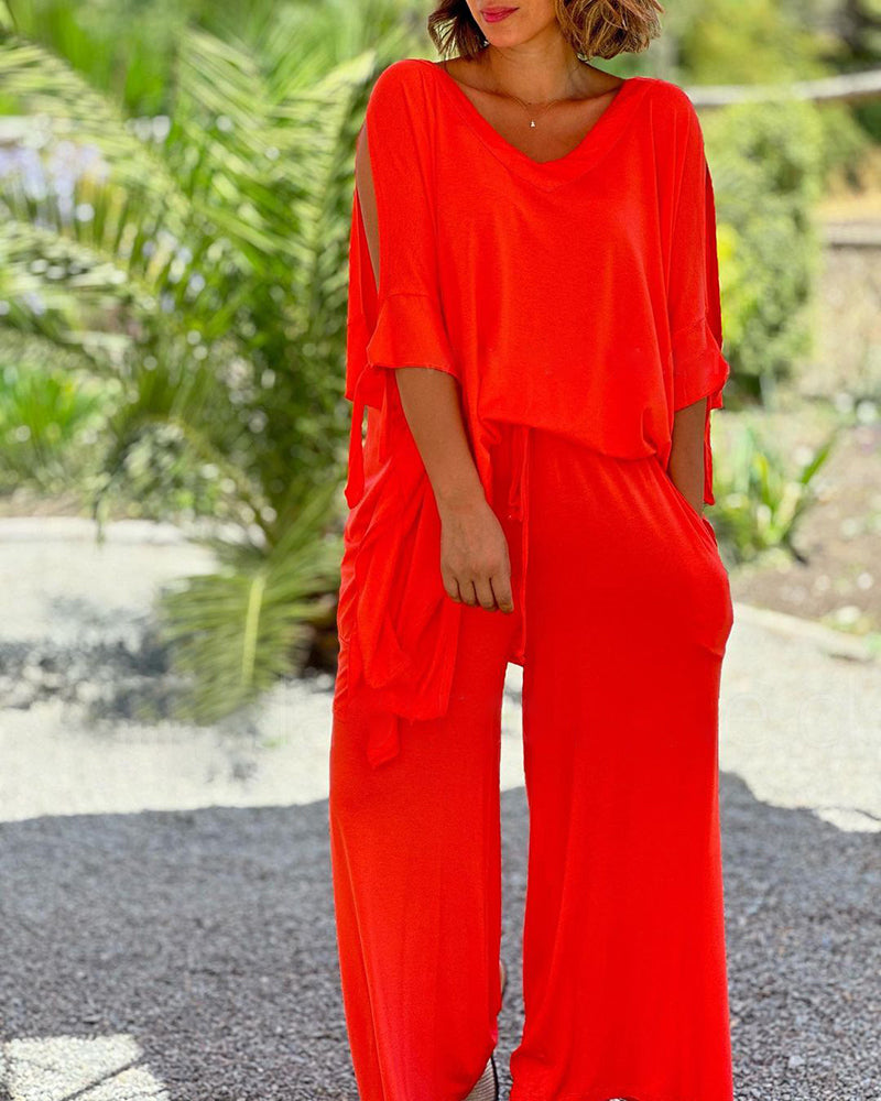 Ginevra - Casual Two Piece Set with V-Neckline and Wide Legs