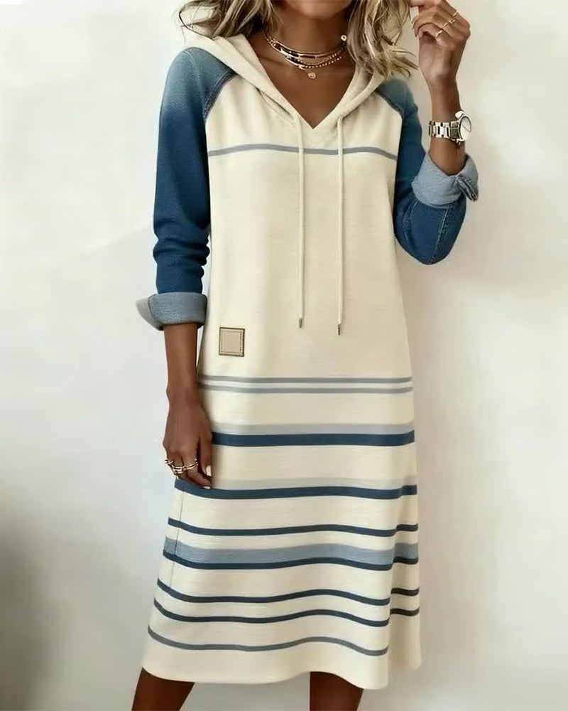 Ceralyn - Casual Hoodie Dress with Patchwork Stripes