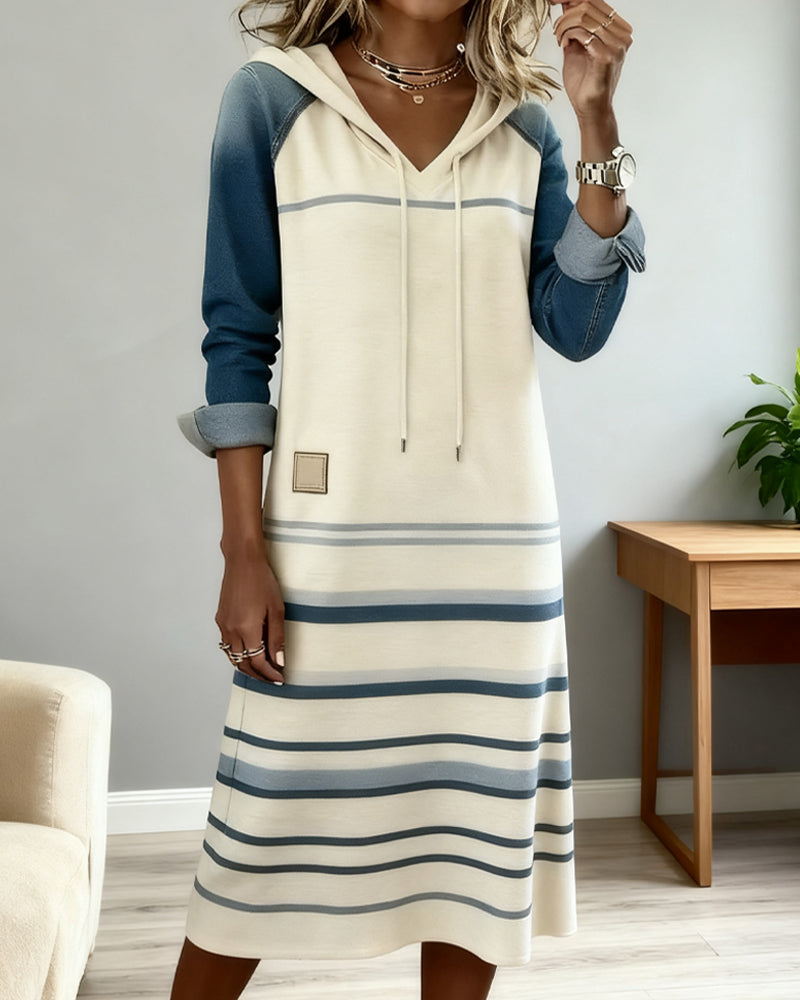 Ceralyn - Casual Hoodie Dress with Patchwork Stripes