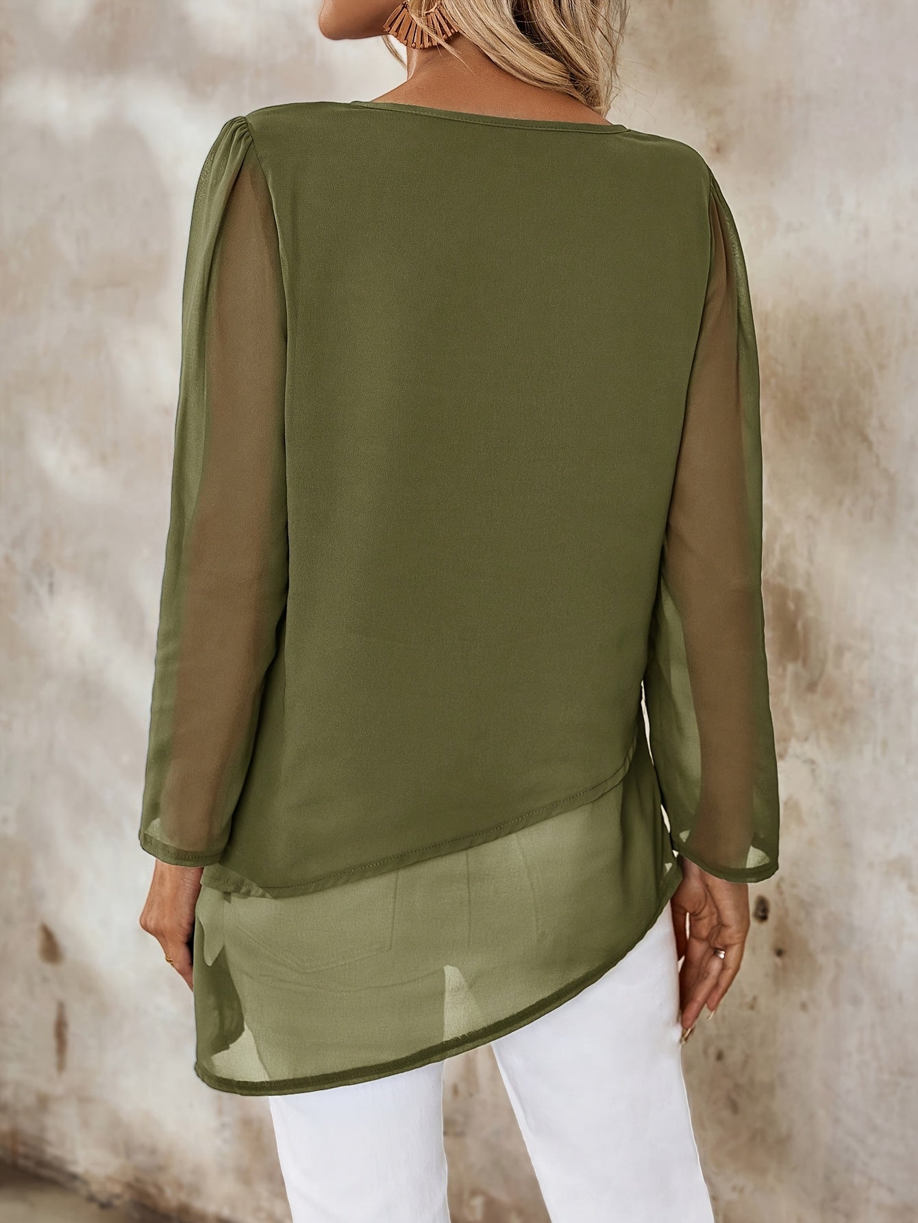 Corisande™ - Elegant double-layered blouse with asymmetrical hem and light sheerness