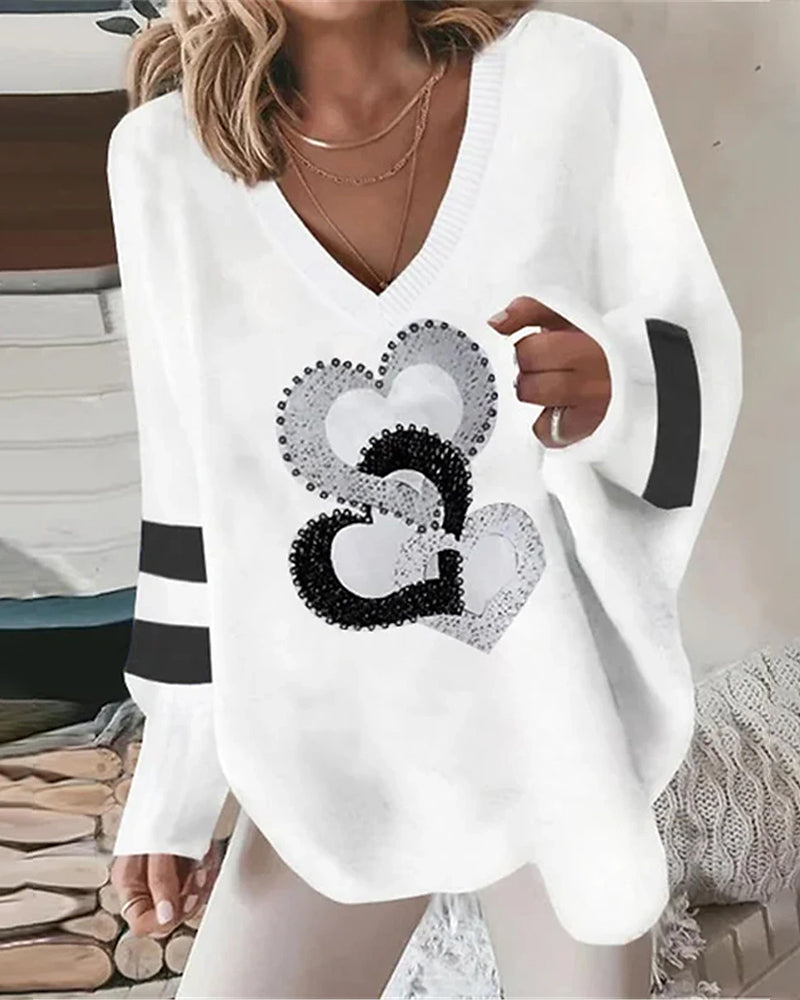 Esme - Heart Print Loose Top with Long Sleeves