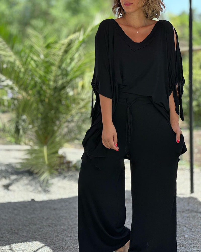 Ginevra - Casual Two Piece Set with V-Neckline and Wide Legs