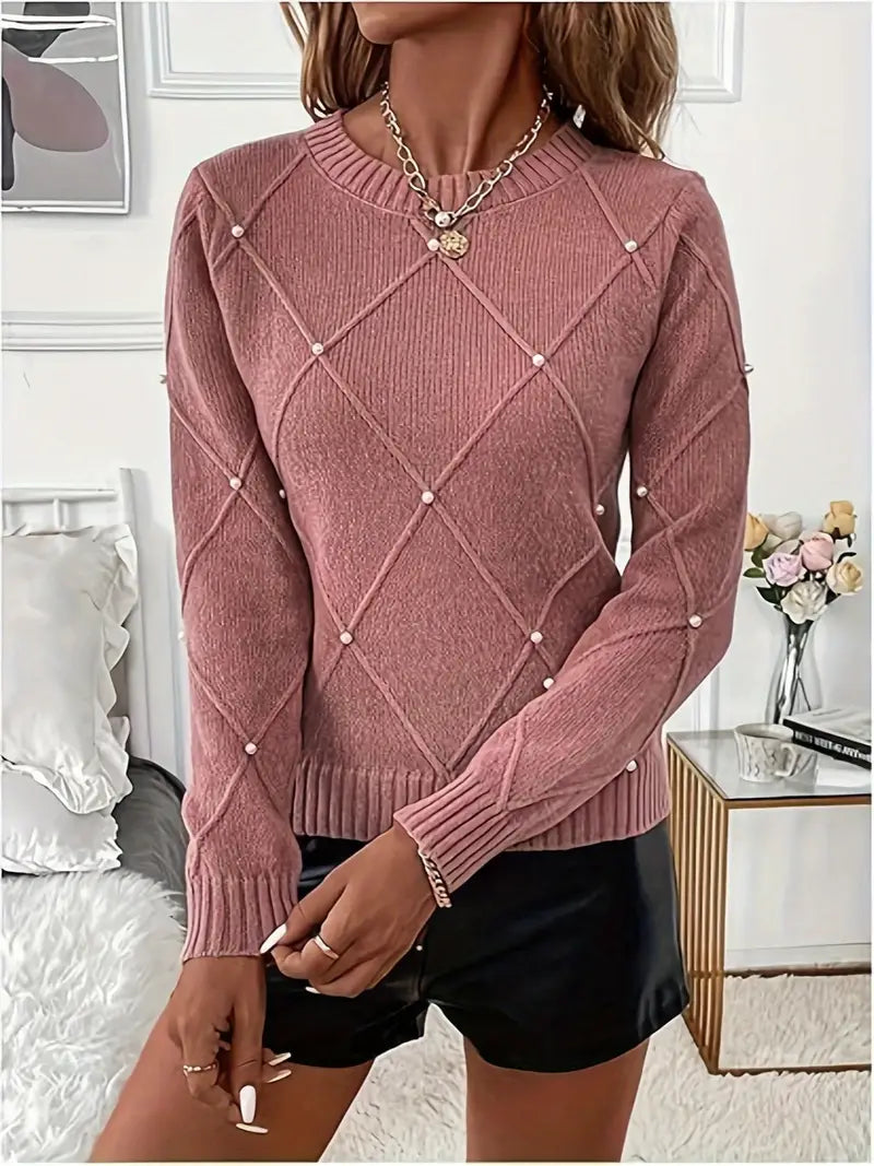 Fayrienne - Women's Knitted Jumper with Decorative Pearls