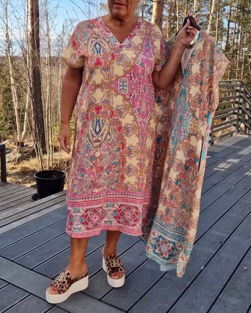 Ailina™ - Printed V-Neck Short Sleeve Straight Dress