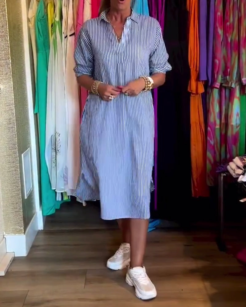 Cato - Striped Lapel Shirt Dress
