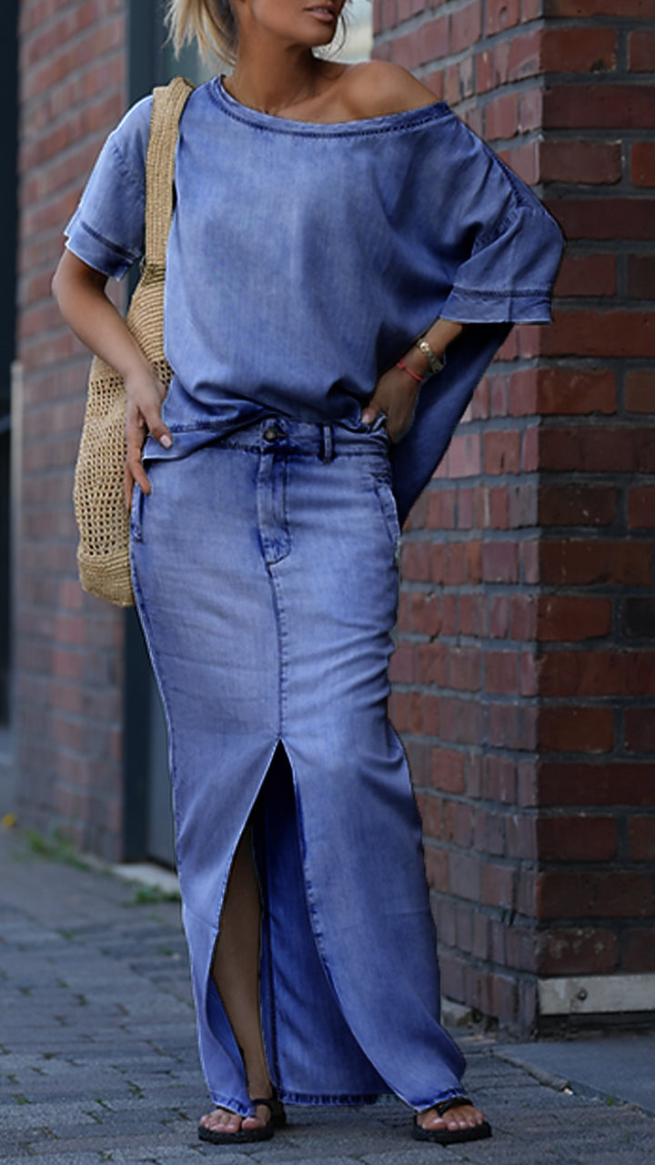 Mireya - Women's Casual Set in Denim Tencel with Round Neckline