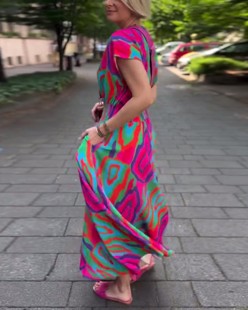 Roxana™ - Maxi-jurk met kleurrijke print, V-hals en raglanmouwen