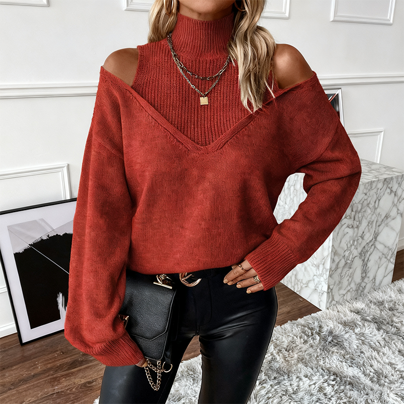 Avenelle - Women's Bold Wool Jumper with High Neck and Off-Shoulder Design