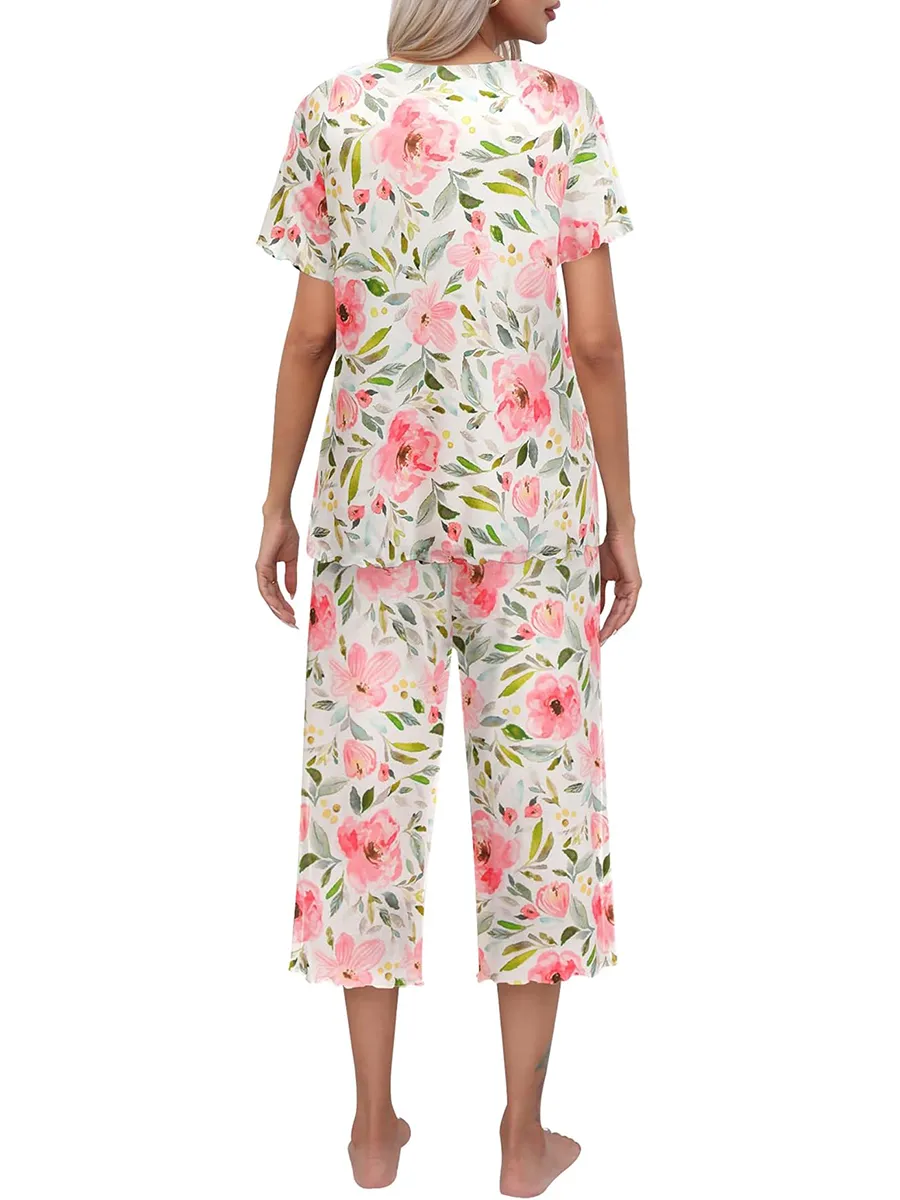 Olivine - Women's Short Sleeve Pyjama Set with Capri Pants