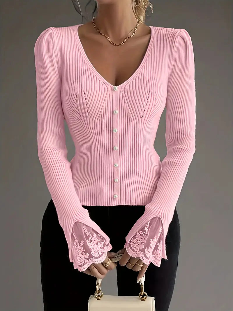 Noralissa - Elegant Lace-Trimmed Sweater with V-Neck