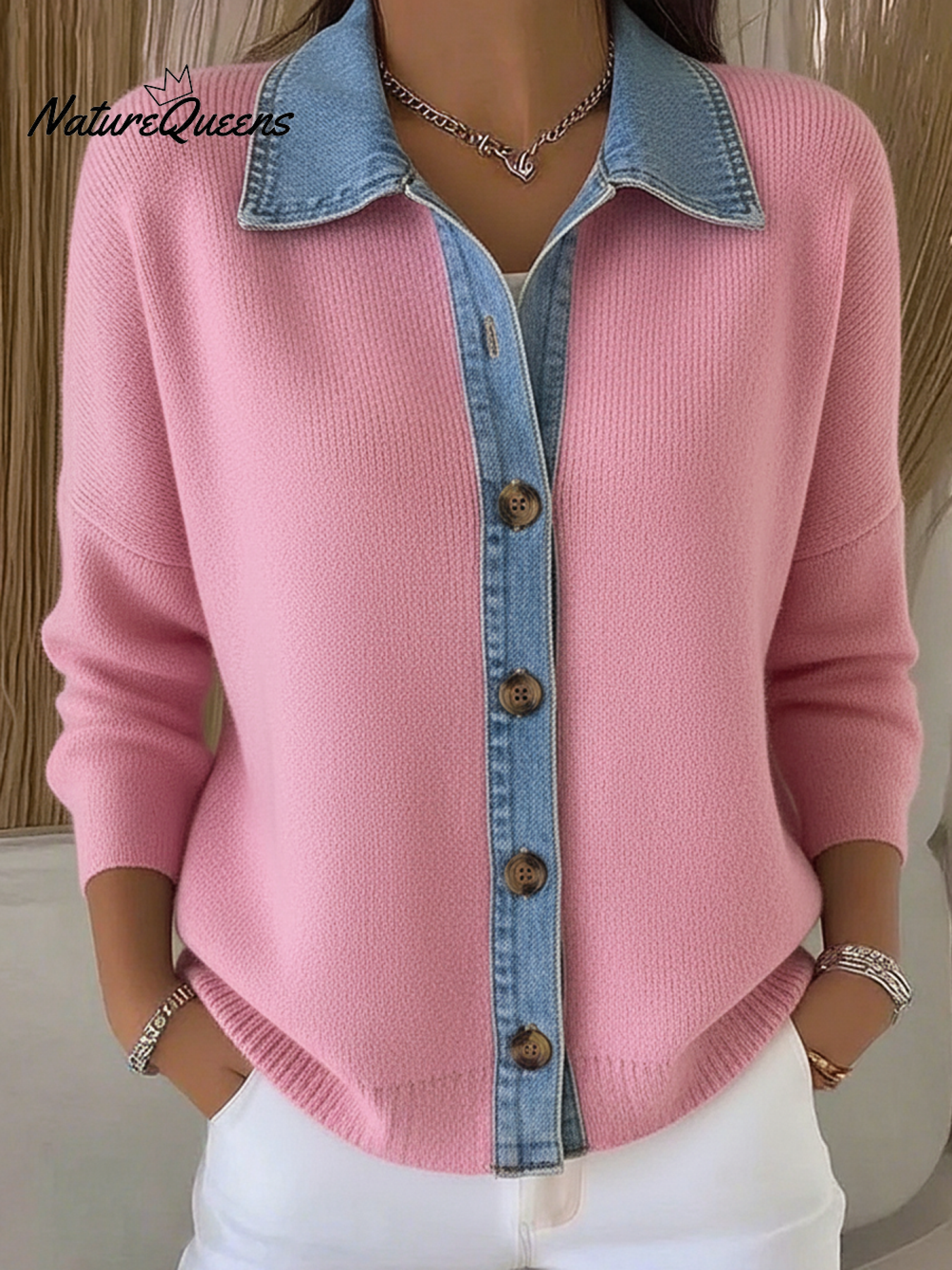 Ceralisse - Denim Effect Knitted Cardigan with Polo Collar