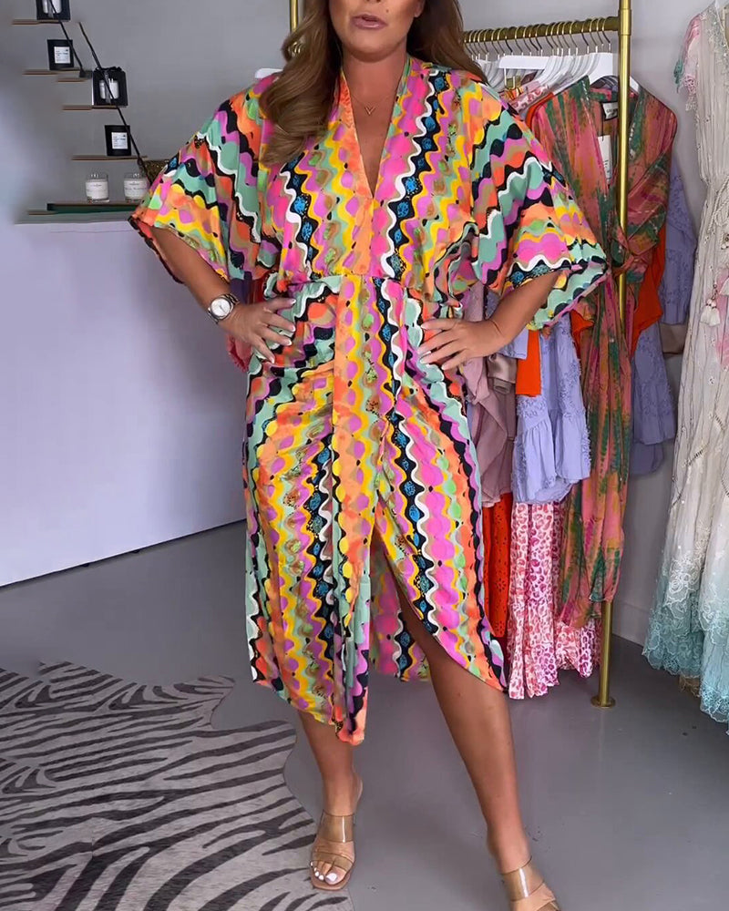 Rosaria™ - Veelkleurige V-hals midi-jurk voor dames