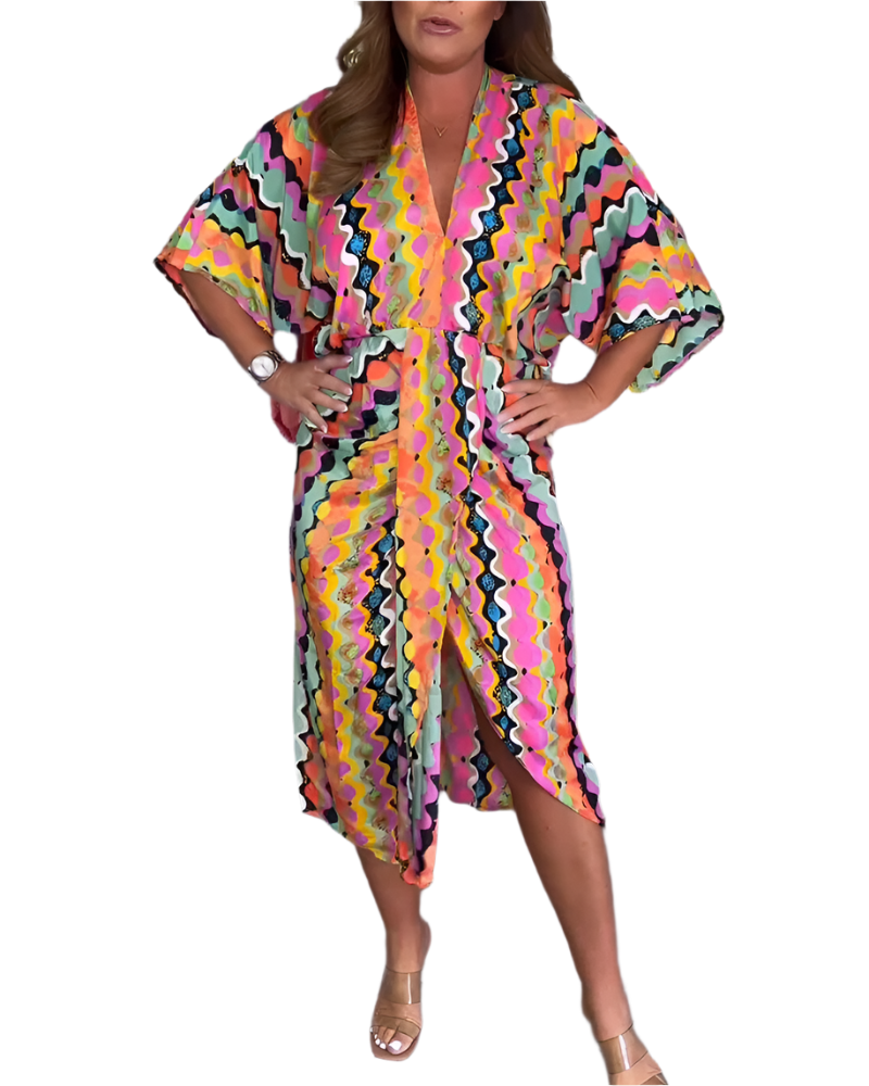 Rosaria™ - Veelkleurige V-hals midi-jurk voor dames
