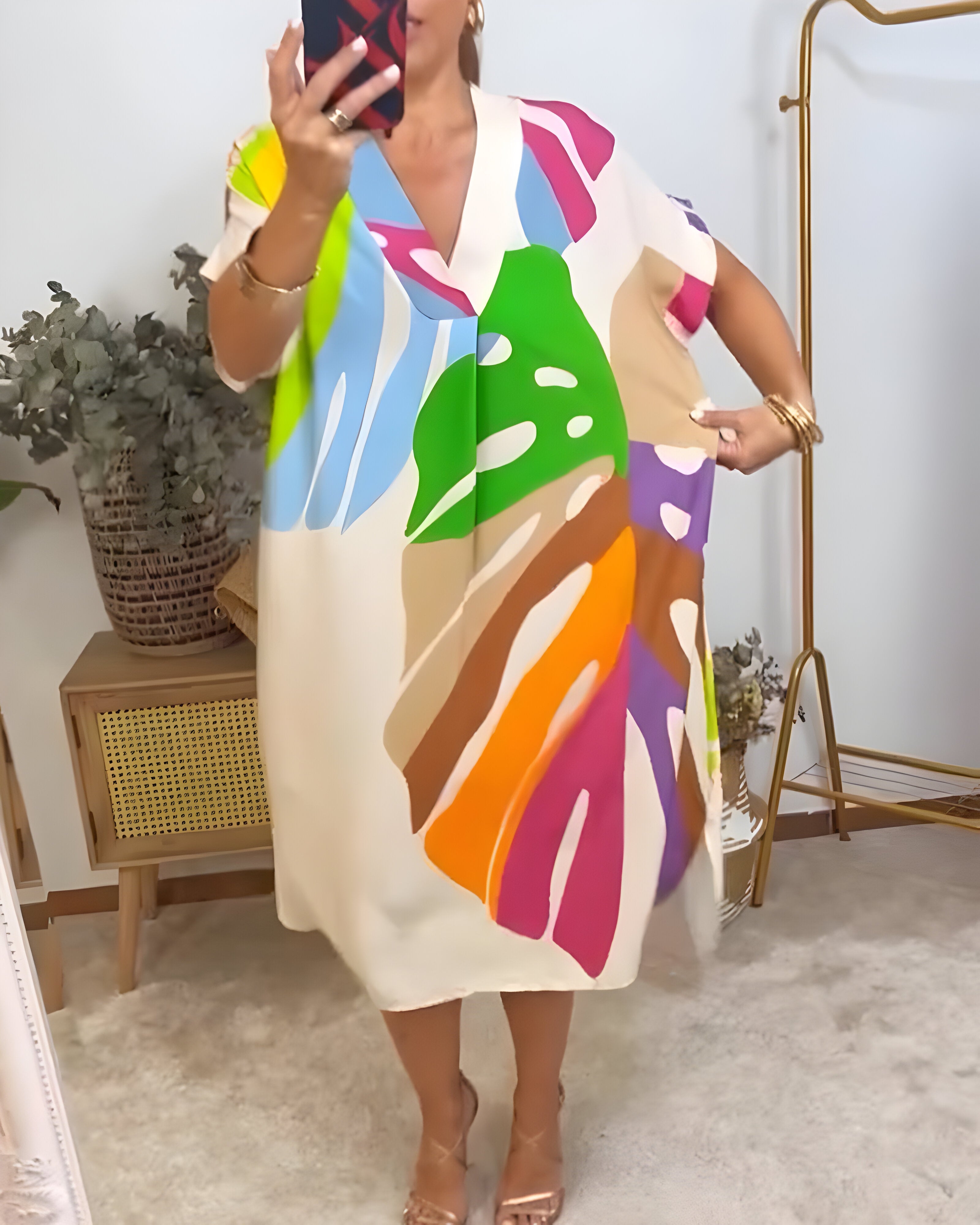 Nerissa - Colorful Leaf Print Casual Dress for Fresh, Natural Style