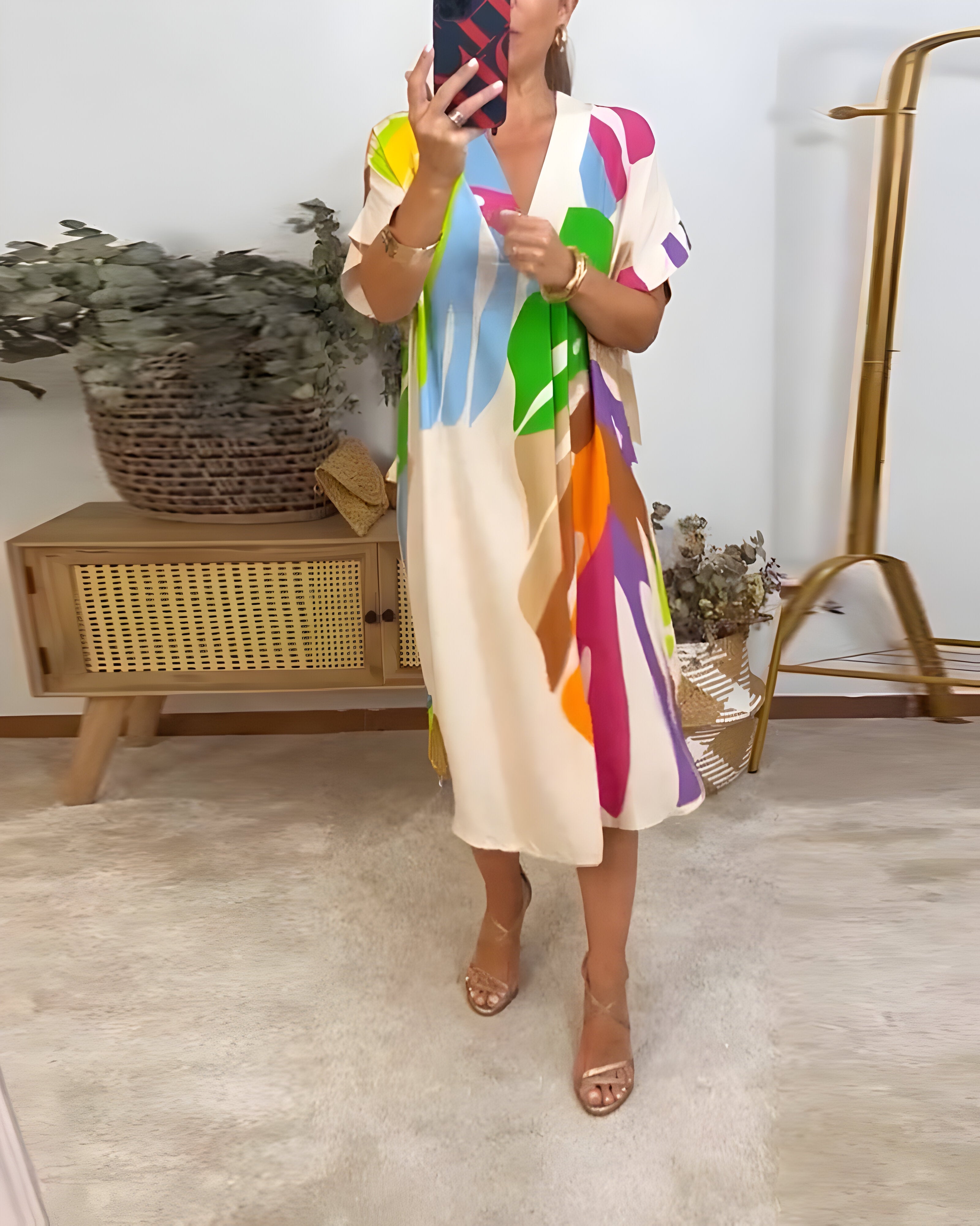 Nerissa - Colorful Leaf Print Casual Dress for Fresh, Natural Style