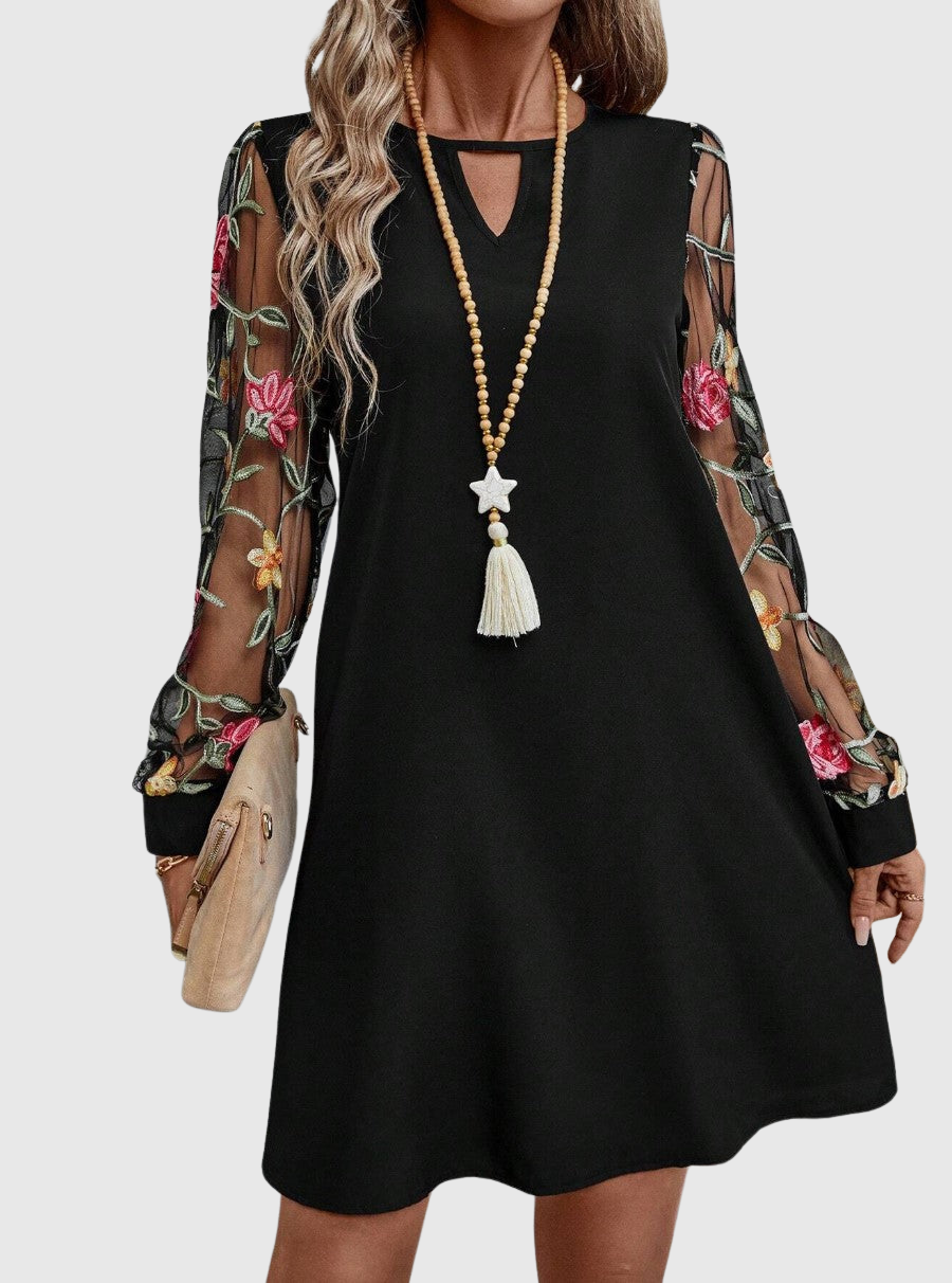 Neravira - Women's Dress with Plunge Neckline and Sheer Sleeves