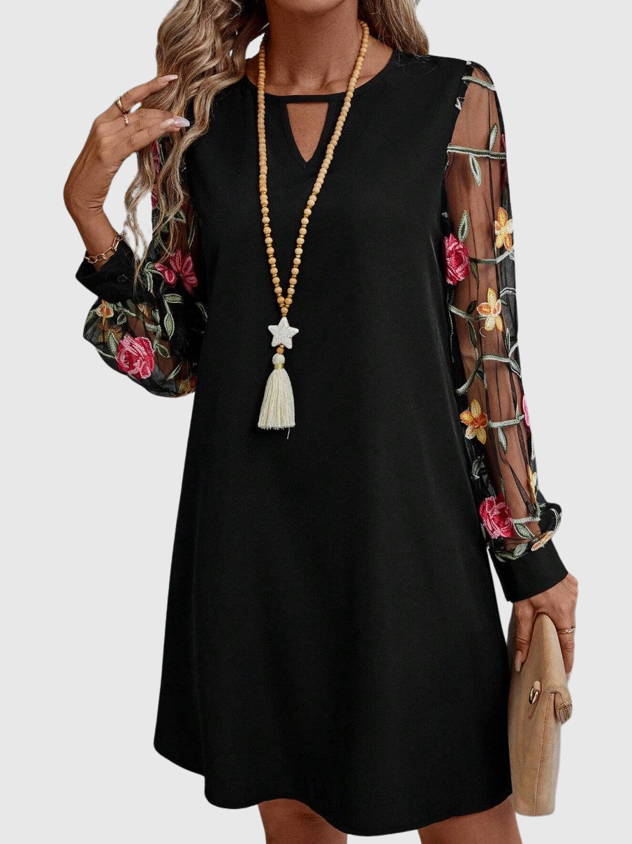 Neravira - Women's Dress with Plunge Neckline and Sheer Sleeves