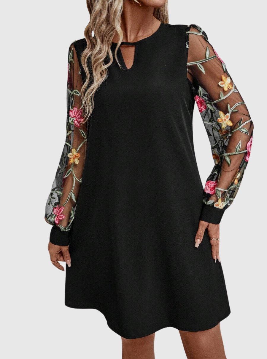 Neravira - Women's Dress with Plunge Neckline and Sheer Sleeves