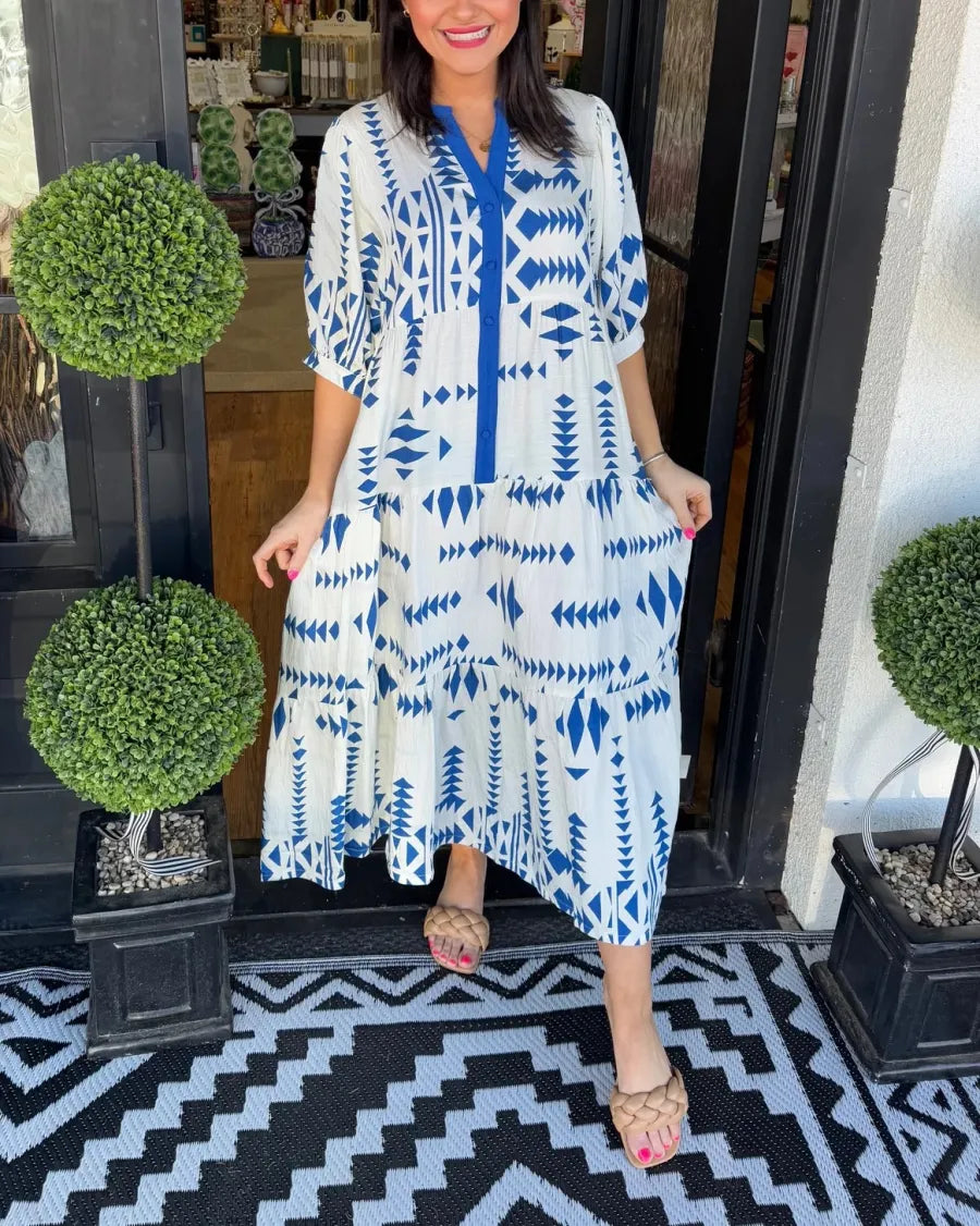Lorelei - Geometric Button Dress with V-neckline