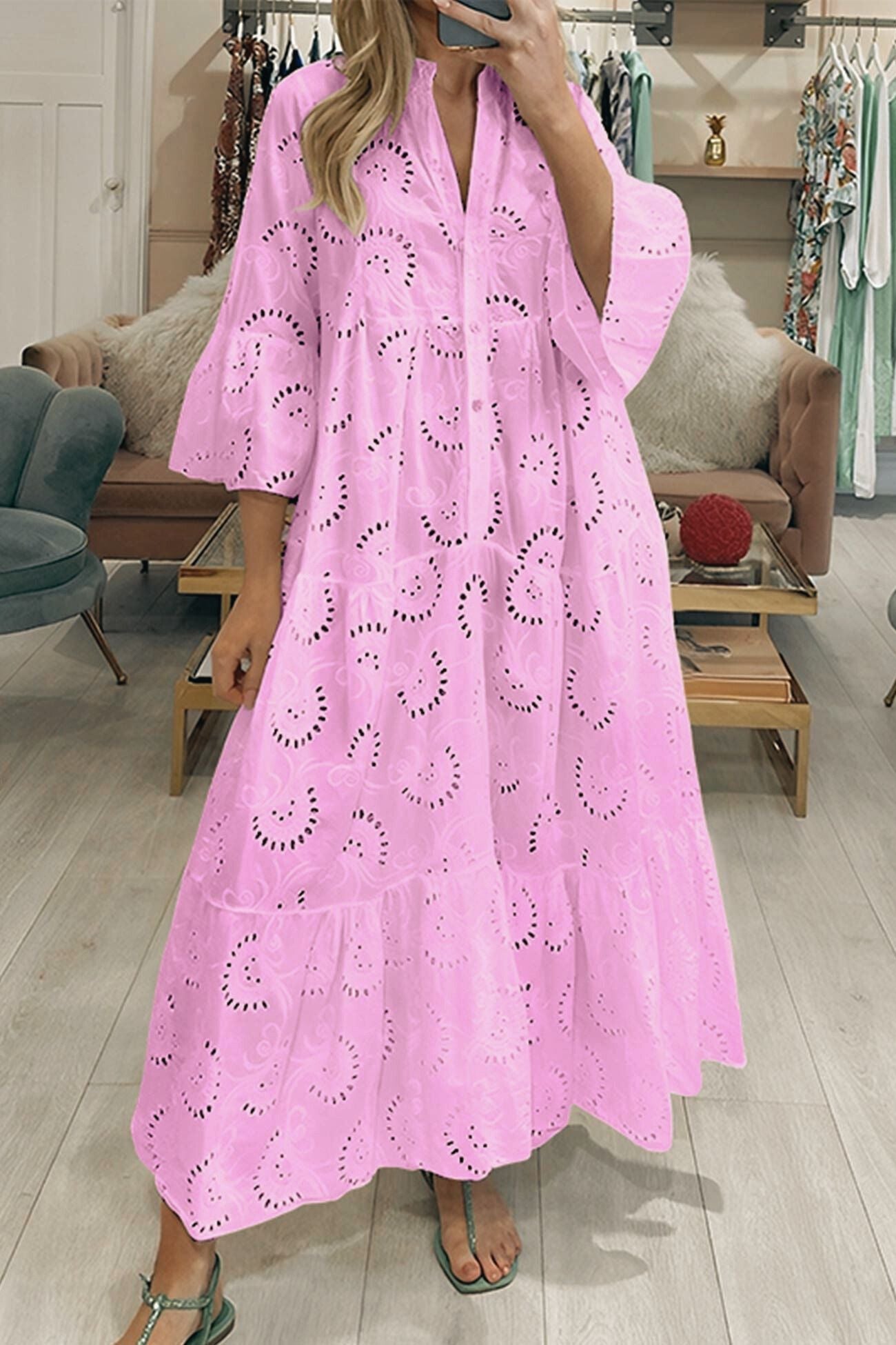 Noa - Cotton Dress with Embroidered Sleeves and V-Neckline